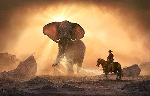 FAWFAW Puzzle De 1000 Piezas, Elefantes Y Cazadores Al Atardecer Gran Puzzle De Madera 75X50Cm Cover