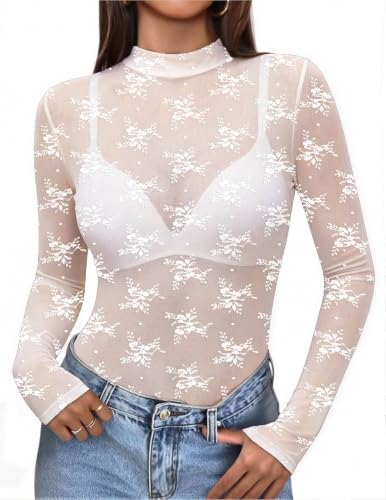 Image of Zeagoo Mesh Tops for Women Long Sleeve Lace Top See Through Sexy Tops Turtle Neck Sheer Shirt White S