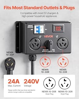 VEVOR Manual EV Charging Switch, NEMA 10-30, Splitter Switch for Dryer & EV, 24A Max 240V Manual Power Distribution with Circuit Breaker, Real-Time Display, Hand-Operated Selector, Plug and Play, ETL