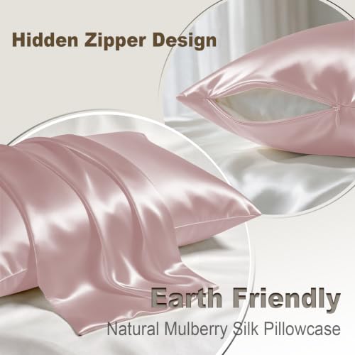 Image of LYSHIN Pink Silk Pillowcases 2 Pack Queen Size with Zipper | 19 Momme Mulberry Silk Pillow Cases for Skin and Hair, Anti-Acne, Hypoallergenic, Cooling, Beauty Sleep, Gifts for Women