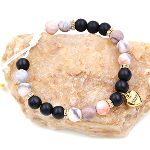 Image of Uloveido Natural Stone Mom Heart Charms Beaded Bracelets for Mum from Son or Daughter With Massage Card and Box | Mothers Day Jewelry Gifts