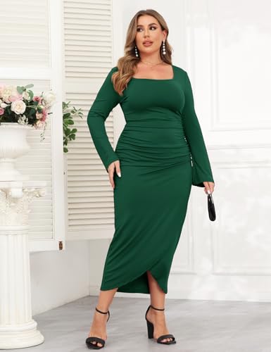 Image of ZOMVA 2024 Plus Size Cocktail Dress Comfortable Bell Sleeves Wedding Guest Square Neck Semi Formal