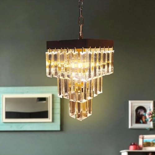 Image of Square Shaped 9 Inches Modern Crystal Chandelier, Jhumar for Home Decoration, Chandelier for Hall /Balcony /Living Room /Bedroom, Ceiling Hanging Lights, Golden (Bulb Included)