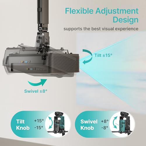 PEGZONE Projector Ceiling Mount with Extension Pole, Wall&Ceiling Adjustable Bracket 3-in-1, Universal Projector Holder for Home Theater & Office, 44lbs, Compatible with Epson/Optoma, Black