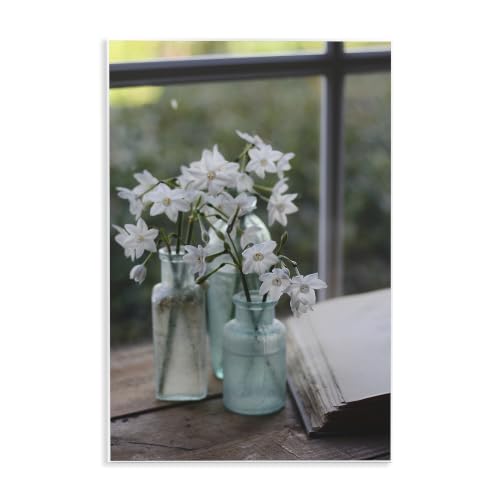 White Flowers Cottage Window, 13 x 19 Inch Mounted Print on Wall Plaque