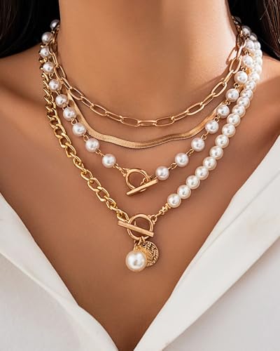 Gold Layered Necklaces for Women Chunky Layered Gold Necklaces Stacked Paperclip Chain Pearl Neck-lace Herringbone Toggle Clasp Choker Trendy Jewelry Gifts for Her2
