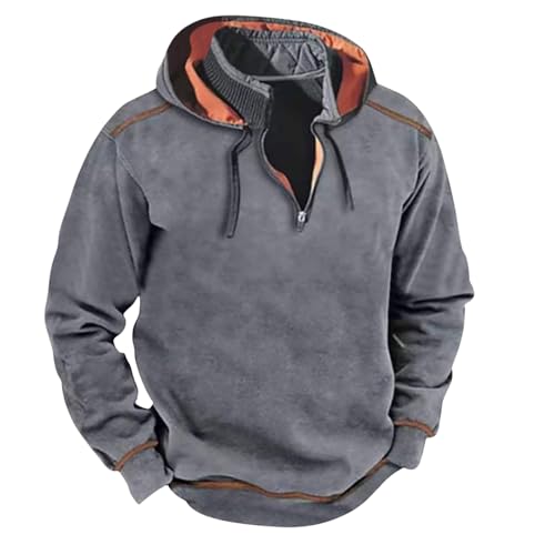 Men's Vintage Cargo Hoodies Quarter Zip Workout Hoodie Contrast Color Stand Color Sweatshirt Retro Distressed Coat