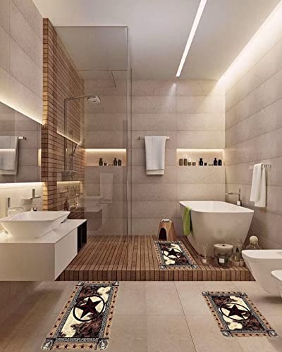 Western Kitchen Rug Sets 3 Piece Texas Star On Wood Panel Rustic Country Comfort Mat Farmhouse Vintage Floor Mats Washable Doormat Anti Fatigue Non-Slip Kitchen Runner Rugs Bedroom Area Carpet,Brown #TOP3