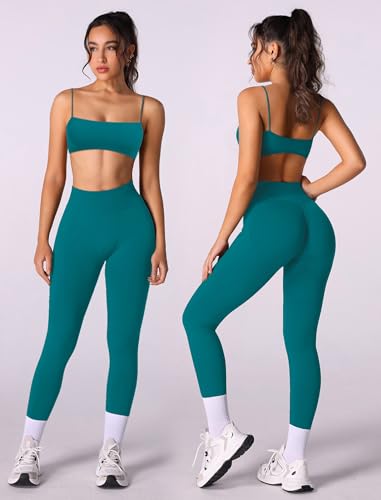 OMEWEE Workout sets for women 2 piece:Spaghetti Straps BacklessTop Bra and High Rise leggings for yoga Lake blue XS — view 5