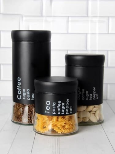 Image of Black Glass Food Storage Airtight Tea Coffee Sugar containers for 850ml,550ml,350ml Kitchen Storage Container with Lid for Tea Coffee & Sugar, Dry Fruit Jars, Storage Box, Set of 3 (3, mt-15)