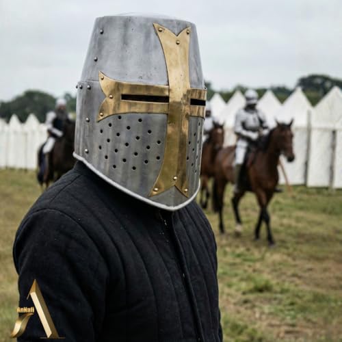 Image of AnNafi Brass Crusader Helmet | Medieval Metal Knight Helmets | PREMIUM QUALITY with Fitted LEATHER LINER | Dark Crusades Helmet Wearable for Adult | Medieval Costumes - RolePlay Gift