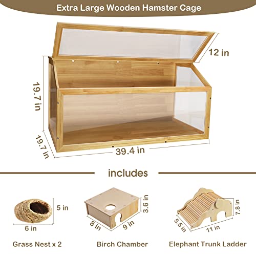 Hoperan Wooden Hamster Cage (39.4" L X 19.7" W X 19.7" H) - Extra Large Small Animal Cage W/ Oblique Opening Cage Door And 4 Large Acrylic Sheets, Wooden Hamster Rabbits Enclosure With 3 Accessories #TOP1