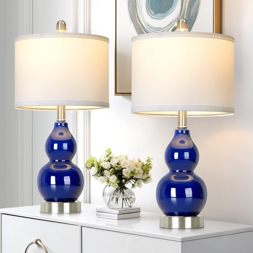 22" Double Gourd Ceramic Table Lamps Set of 2, Navy