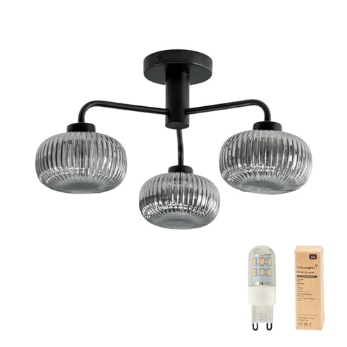 ValueLights | Matt Black 3 Way Ceiling Light Fitting with Smoked Ribbed Lampshade | Close-to-Ceiling Lights, Home Décor & Improvement Essential | Includes Bulb | Mains Wired