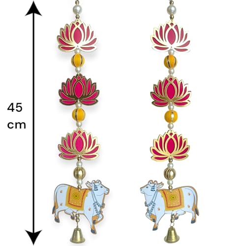 Image of Temple Decoration Item| Backdrop for Pooja Decor| Diwali Decoration Item| Hanging for Home Decoration| Wall Hanging Temple| Lotus Hanging for Home Decor| Ganpati Decor| (2, Lotus & Cow)
