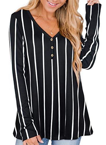 Ranphee Womens Striped Long Sleeve Henley T Shirts Cotton Plus Size Tunic Tops 2XL