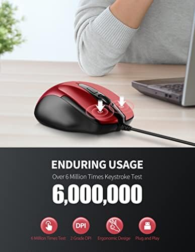 TECKNET USB Wired Mouse, 6-Button Corded Computer Mouse with 4 Adjustable DPI, Optical Computer Mice with Ergonomic Design and 5FT Cord for Laptop, Chromebook, PC, Desktop, Mac, Notebook - Dard Red - 3