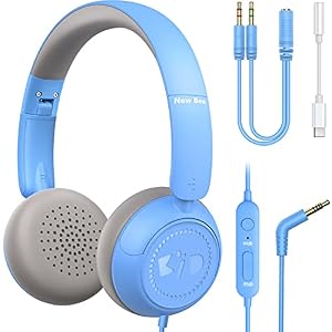 New Bee® Cuffie per Bambini, Cuffie Bambini Sopra l’orecchio con Microfono, cuffie con cavo con Limitatore volume 85dB/94dB per Ragazzi Ragazze Phone IPad PC Laptop Tablet (Blu)
