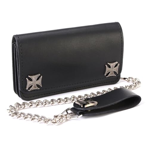 Milwaukee Leather MLW7825 Men's 6” Black Leather Bi-Fold Biker Wallet w/Anti-Theft Stainless Steel Chain and Iron Cross Emblems - 6 Inch