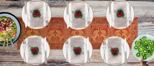 Image of Decorative Handmade Silk Table Runner Golen Brocade Dinning Table & Centre Table Top Decor Rectangular Runners Bed Runners Table Cloth for Wedding (152 X 40 CM ) (Orange Elephant)