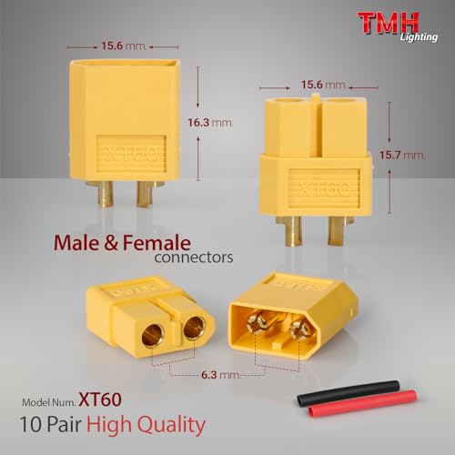 TMH 10 Pairs XT60 Connector XT-60 Male Female Bullet Connectors Plugs with 40 pcs Heat Shrink Tube for RC Lipo Battery Car Boat (10 Male+10 Female)