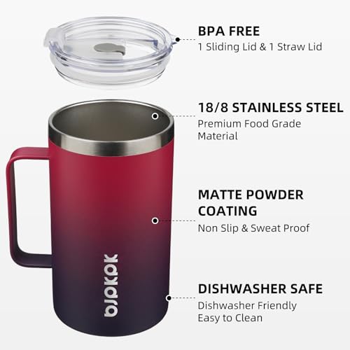 Image of BJPKPK 25oz Insulated Coffee Mug with Handle, Stainless Steel Travel Mug | Keeps Drinks Hot & Cold, Double Wall Vacuum, 2 Lids Included, BPA-Free Coffee Tumbler for Home, Office & Travel