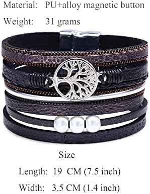 Thajaling Women Bracelet Boho Tree of Life Multilayer Leather Wrap Bracelet,Handmade Braided Magnetic Buckle Gorgeous Cuff Casual Bangle