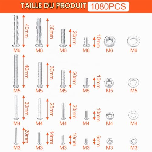 Frevoitna 1080 Pièces M3 M4 M5 M6 Autoforeuse, D'assemblage, Assortiment, Vis Ecrou, Boulons et Écrous, Vis et Écrous et Rondelles Assortiment Set, Kit de avec Boîte de Rangement – vue 2