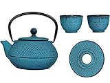 meindekoartikel Tea-Set Japanische Teekanne 0,8l mit 2 Becher und Untersetzer aus Gusseisen - Authentischer Genuss in Perfektion (Türkis)