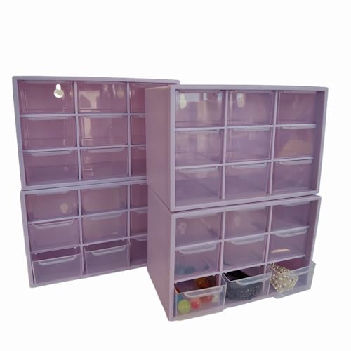 4 Pack Mini Desk Storage Organizer with 9 Clear Drawers, Plastic Small Stackable Desktop Craft Drawer Cabinet Storage Box, Wall Mounted Jewelry Organizer for Beads, Makeup Tool Collection (Purple)