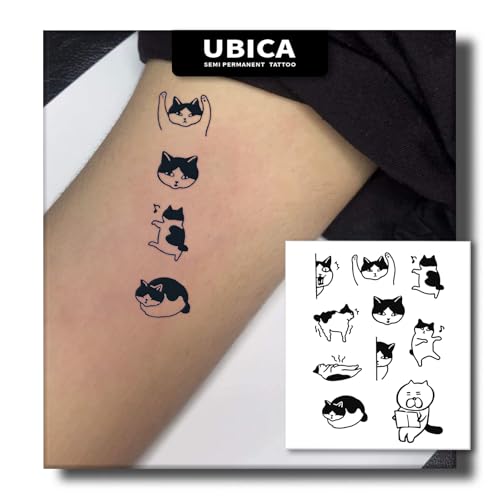 UBICA Black Cat Semi Permanent Tattoos, 2 Sheets Cute Pet Temporary Fake Tattoos, Lasts 1-2 Week Waterproof, Realistic Design for Women Finger, Non-Reflective Body Art Stickers