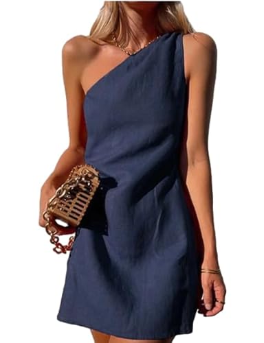 Womens Navy Blue One Shoulder Mini Dress Sleeveless Slim Fit Classic Sophisticated Vacation Dress Bodycon Dress