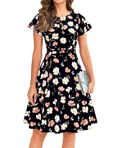 OWIN Women's Floral Cocktail Dresses Summer 2025 Wedding Guest Dress Short Sleeve Crew Neck Knee Length Flattering Flower Business Sunday Church Teacher Interview Ladies Work Dresses S