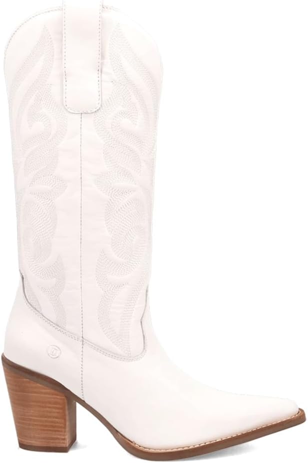 Dingo Womens Hensley Embroidered Snip Toe Pull On Casual Boots Mid Calf Mid Heel 2-3" - White