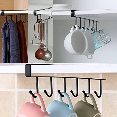 3 Pcs Black 6 Hooks Cup Holder Under Cabinet, Undershelf Mug Storage for Restaurant Coffee Shop Bar Kitchen, with Adhesive Screw