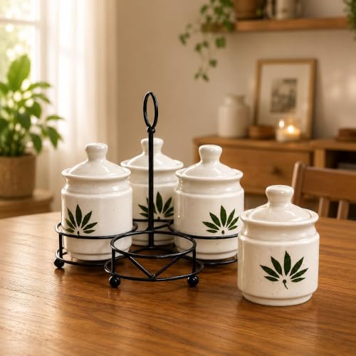 Image of Niyara Multipurpose Storage Ceramic Pickle set Jars with Lid & tray (Set of 4, 300 ml) (green flower print set of 3)