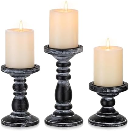 Wood Pillar Candle Holder: Rustic Distressed Black Candle Stand |...