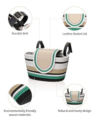 Handmade Bike Basket Front, Woven Bicycle Baskets for Adult Bikes, Rustic Detachable Handlebar Bike Basket for Women Girls with Leather Lid, Adjustable Leather Straps, Green