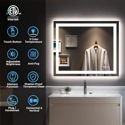 Image of 28x36 Inch LED Bathroom Mirror with Lights Front and Backlit Lighted Vanity Mirror for Bathroom Wall with 3 Colors Dimmable Anti-Fog Memory Shatter-Proof IP54 Waterproof Horizontal /Vertical