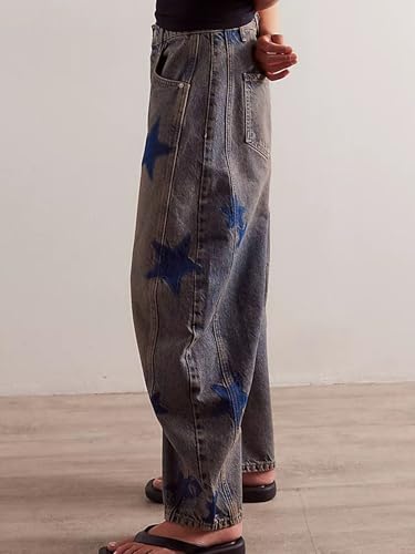 Womens Barrel Jeans Trendy Star Printed Baggy Wide Leg Jeans Boyfriend Y2k Stretchy Ankle Denim Pants2