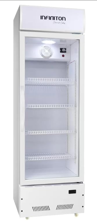 INFINITON Vitrina Frigorifica FCL-250-176 cm, Clase E, Display luminoso superior, Puerta de cristal, Static Cooling System, Luz Led, Ruedas
