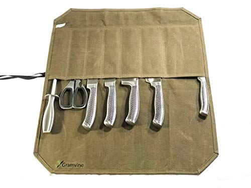 Gramvine Professional Chef’s Knife Roll, Waxed Canvas Roll Foldable Knife Culinary Bag Wrap, Kitchen Knives Holder Organiser, Utensils Wrap Bag, Travel Tool Roll Pouch Storage #TOP1