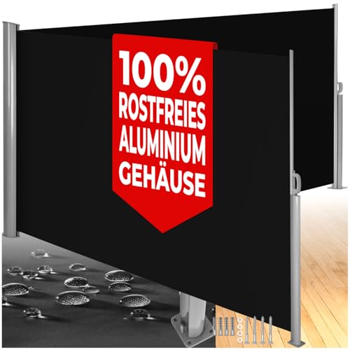 tectake Aluminium Doppel- Seitenmarkise ausziehbar, Outdoor Seitenwand als Garten Sonnenschutz, Balkon Sichtschutz, Terrassen Windschutz, mit Aufrollmechanismus - 160 x 600 cm, schwarz