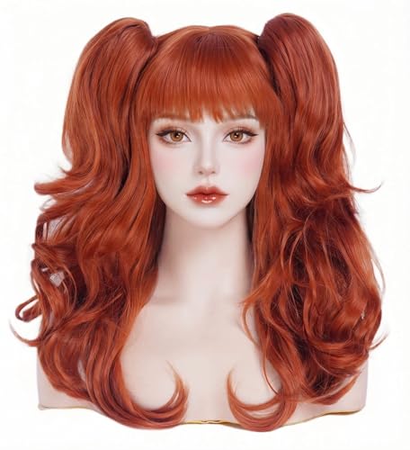 Rugelyss Long Wavy Auburn Ponytail Wigs for Women with 2 Claw Pigtails Copper Red Synthetic Hair wig with bang fits for Cosplay or Cotume Party (Auburn)