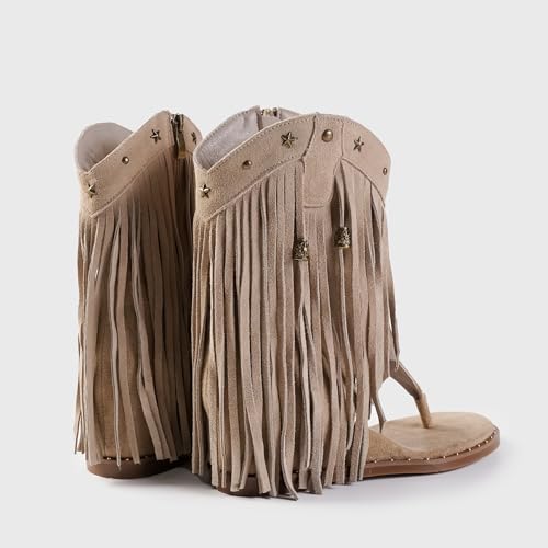 Image of Women's Bohemian Tassel Gladiator Sandals Brown Suede Thong Flip Flops for Fringe Summer Wedge Heel Sandal with Rivets Western Shoes