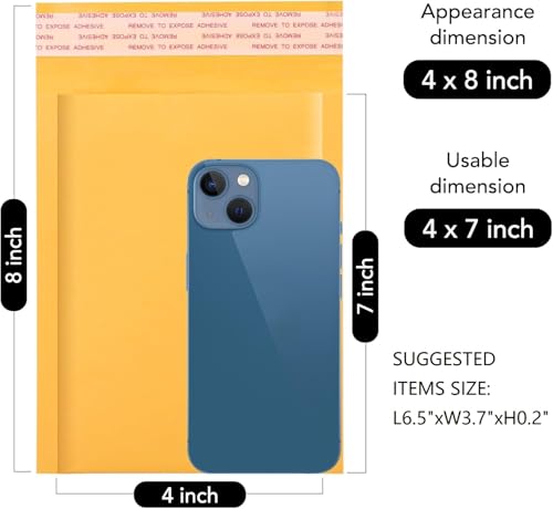 Fuxury Kraft Bubble Mailer 4x8” 50Pack Padded Envelopes Usable Size 4x7" Strong Adhesion Thick Bubble Envelopes Waterproof Cushioned Bubble Mailers Packaging for Small Business #000 Yellow
