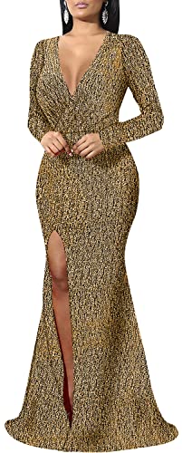 Image of Women's Sexy Long Sleeve Sparkly Maxi Dress V Neck High Slit Wrap Formal Gown Cocktail Glitter Maxi Long Dresses
