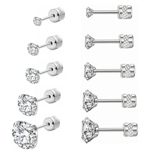 Threadless Flat Back Stud Earrings, 5 Pairs Titanium Hypoall...