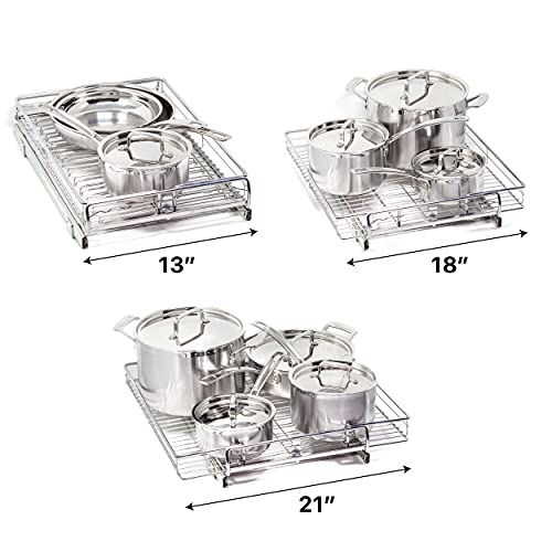 Origami Chrome One Tier 13" W x 21" D x 4”H, Slide Kitchen Adjustable Cabinet Organizer, Large, Silver