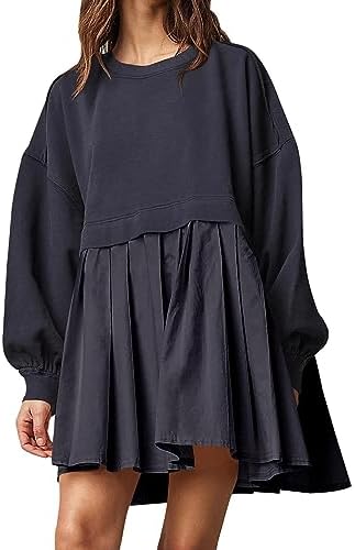 FUAIOKT Womens Oversized Sweatshirt Dress Patchwork Crewneck Long Sleeve Mini Dress Casual Flowy Pleated Sweatshirts Pullover